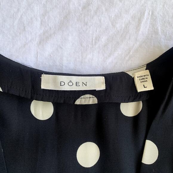 Doen Aubrey Silk Polka Dot V Neck Button Pleated Mini Dress Solstice Sky - Picture 12 of 16